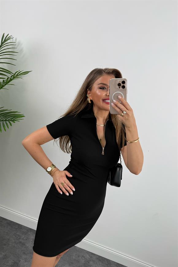 Likralı Ottoman Kumaş Polo Yaka Fermuarlı Basic Elbise