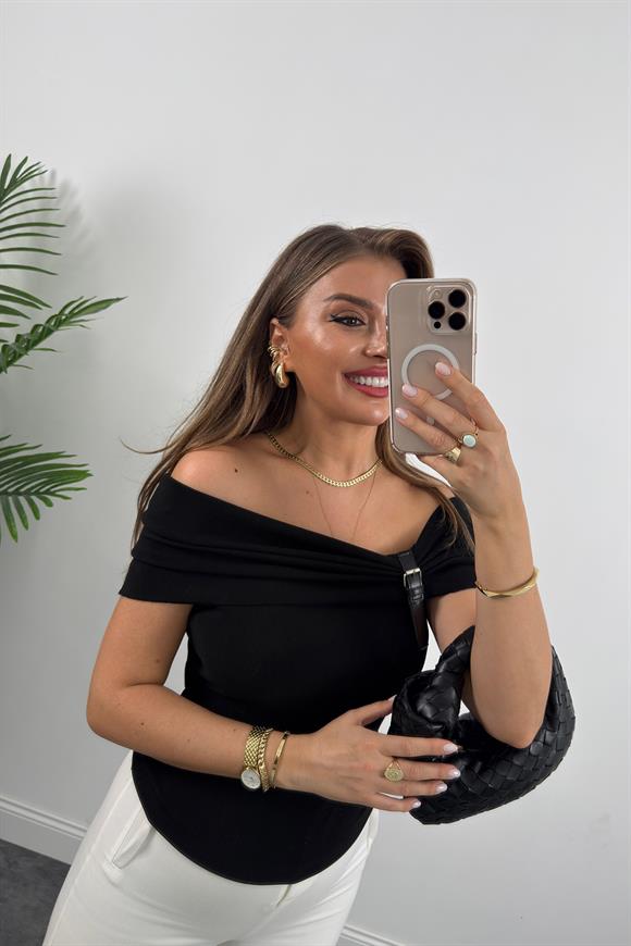 Likralı Ottoman Kumaş Yakası Kemerli Madonna Bluz