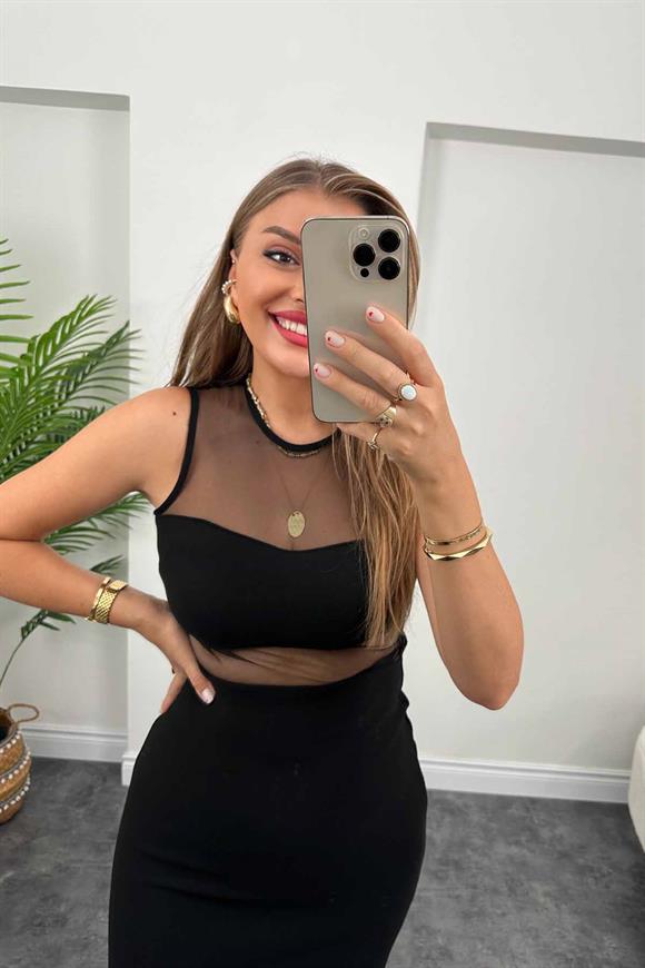 Likralı Ottoman Kumaşımızdan Transparan Detaylı Kolsuz Kalem Elbise