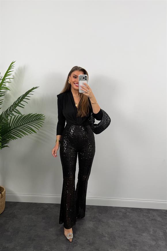 Likralı Payetli İspanyol Paça Pantolon Siyah