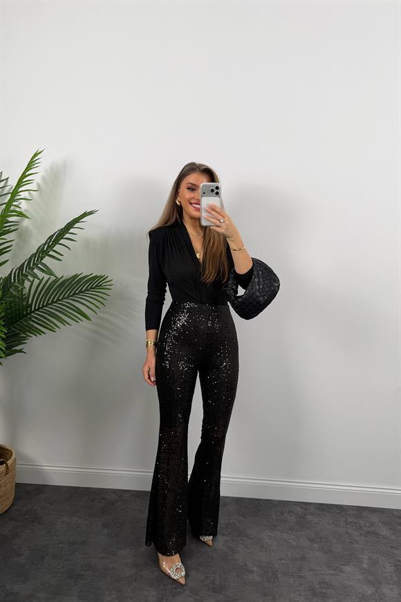 Likralı Payetli İspanyol Paça Pantolon Siyah