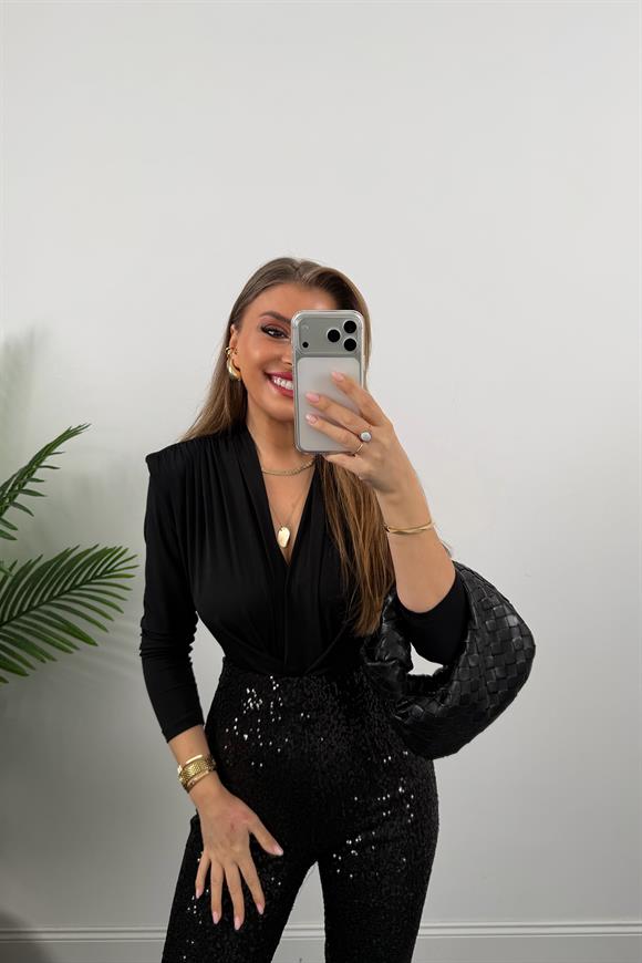 Likralı Payetli İspanyol Paça Pantolon Siyah