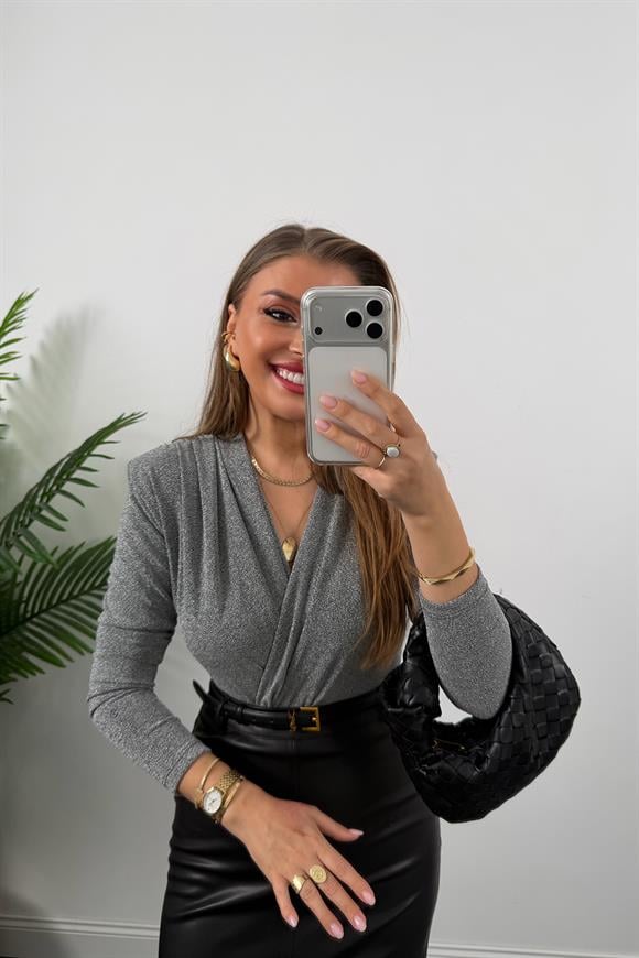 Likralı Vatkalı Işıltılı Boydsuit Gümüş