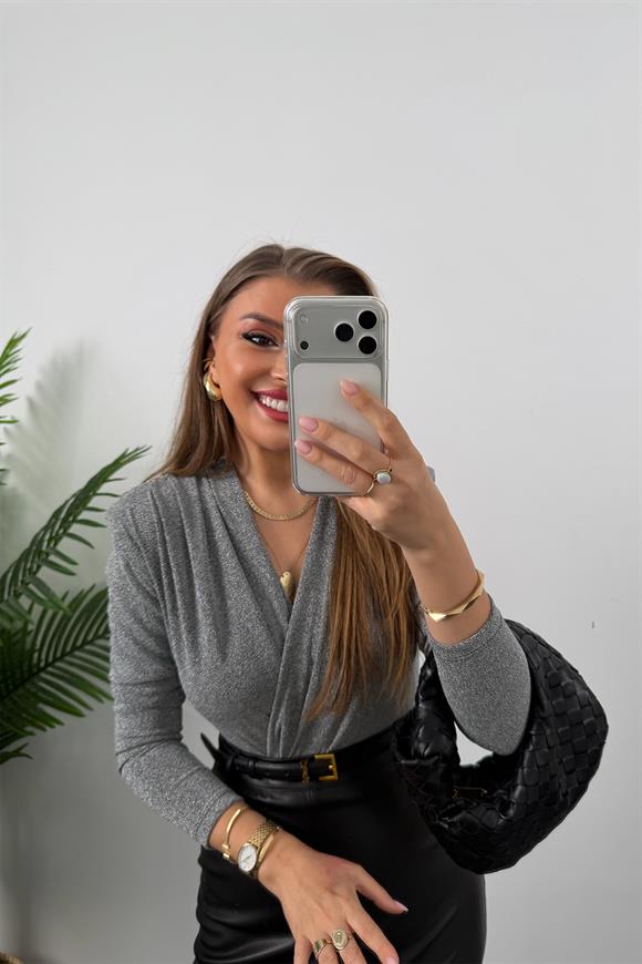 Likralı Vatkalı Işıltılı Boydsuit Gümüş