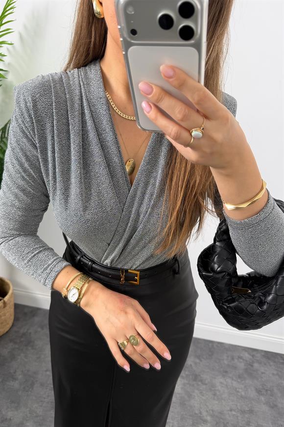 Likralı Vatkalı Işıltılı Boydsuit Gümüş
