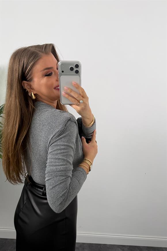 Likralı Vatkalı Işıltılı Boydsuit Gümüş