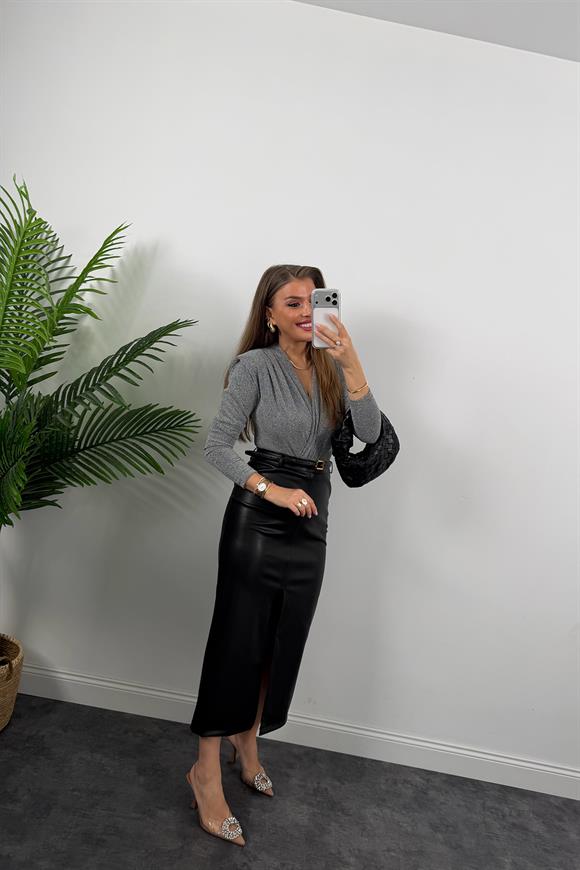 Likralı Vatkalı Işıltılı Boydsuit Gümüş