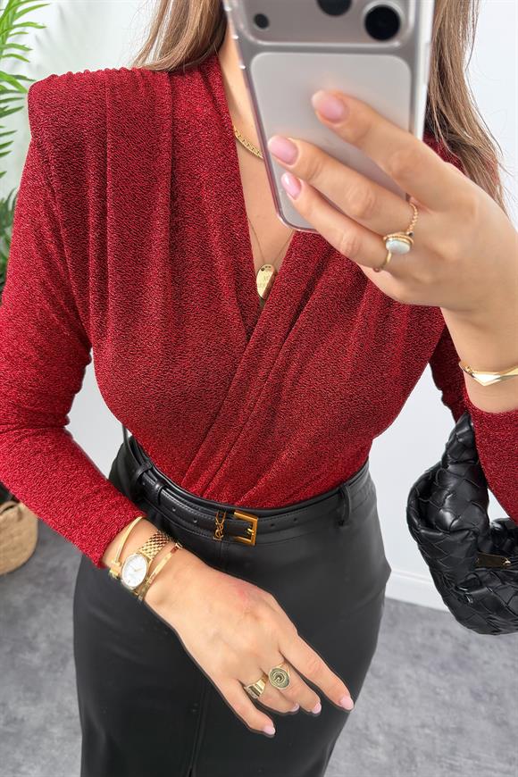 Likralı Vatkalı Işıltılı Boydsuit Kırmızı