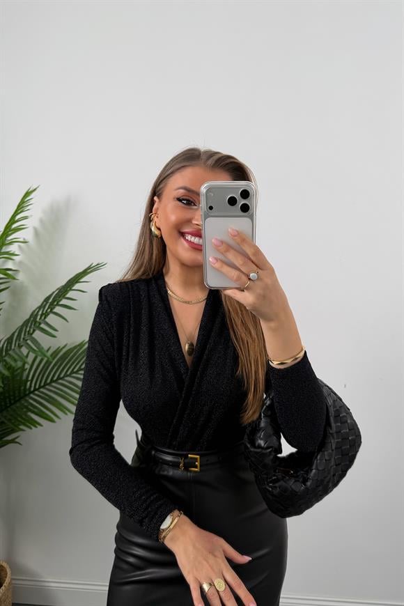 Likralı Vatkalı Işıltılı Boydsuit Siyah
