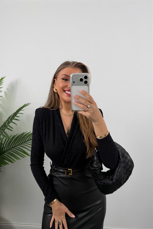 Likralı Vatkalı Işıltılı Boydsuit Siyah