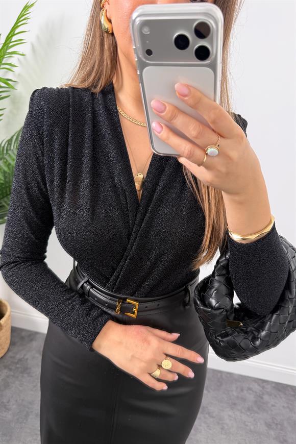 Likralı Vatkalı Işıltılı Boydsuit Siyah