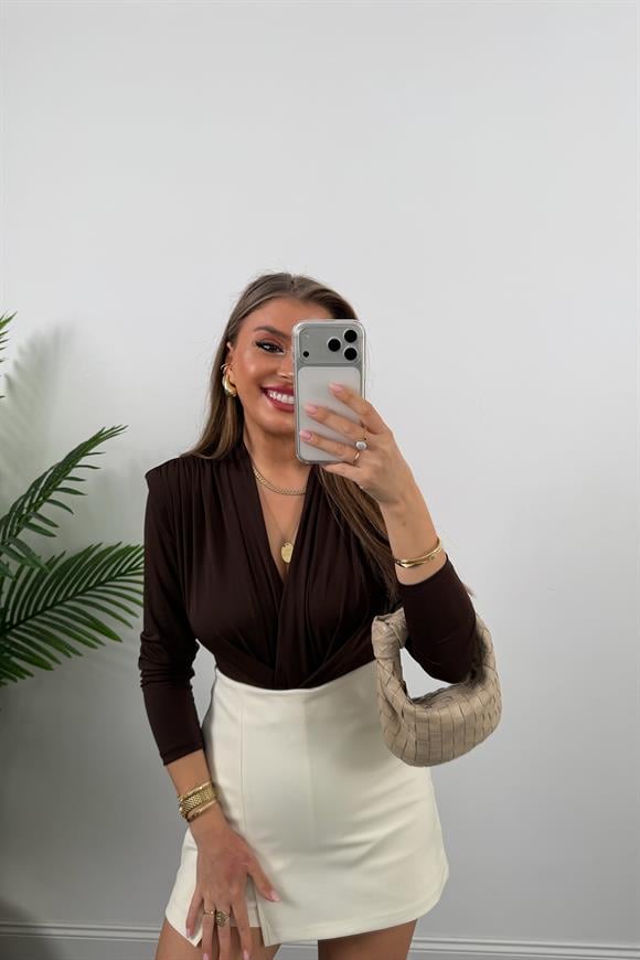 Likralı Vatkalı Uzun Kol Bodysuit Acı Kahve