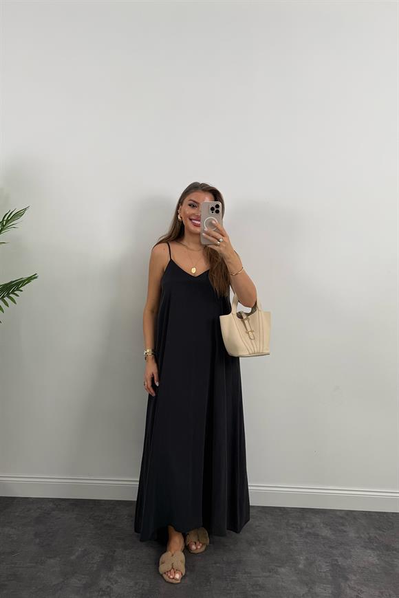 Lüx Kalite %100 Modal Tensel İp Askılı Maxi Salaş Elbise Siyah