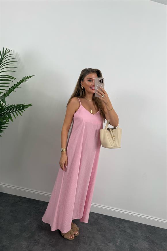 Lüx Kalite %100 Modal Tensel İp Askılı Maxi Salaş Elbise Pembe