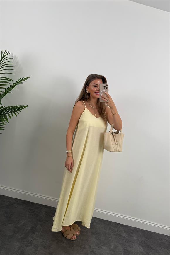 Lüx Kalite %100 Modal Tensel İp Askılı Maxi Salaş Elbise Sarı