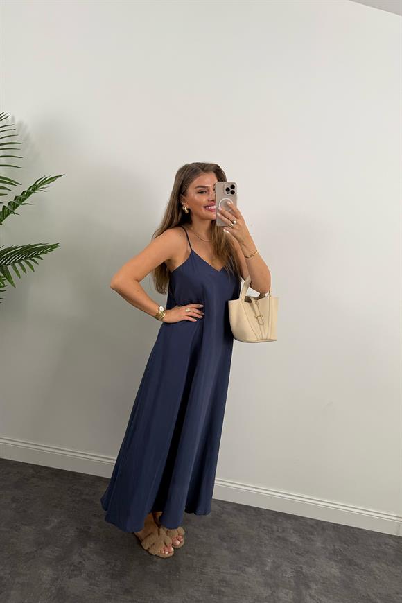 Lüx Kalite %100 Modal Tensel İp Askılı Maxi Salaş Elbise İndigo