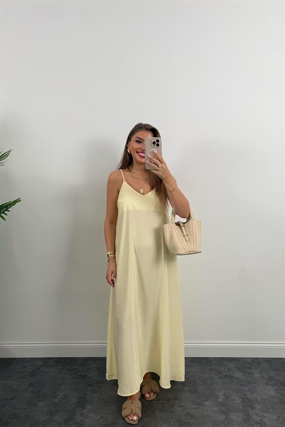 Lüx Kalite %100 Modal Tensel İp Askılı Maxi Salaş Elbise Sarı