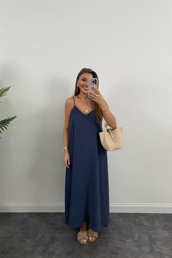 Lüx Kalite %100 Modal Tensel İp Askılı Maxi Salaş Elbise İndigo