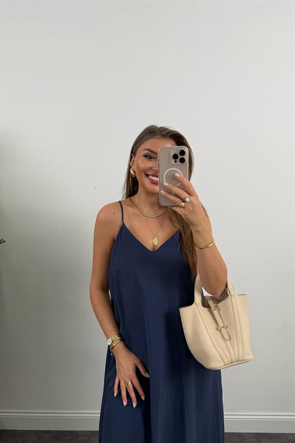 Lüx Kalite %100 Modal Tensel İp Askılı Maxi Salaş Elbise İndigo