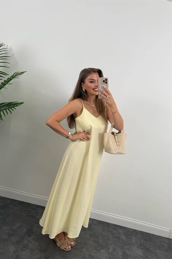 Lüx Kalite %100 Modal Tensel İp Askılı Maxi Salaş Elbise Sarı