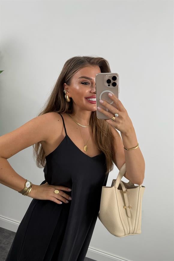 Lüx Kalite %100 Modal Tensel İp Askılı Maxi Salaş Elbise Siyah