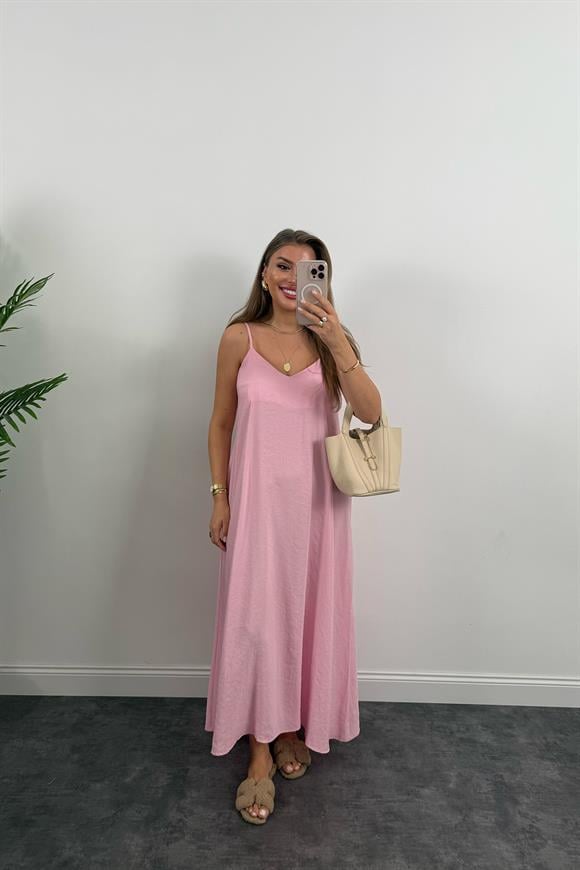 Lüx Kalite %100 Modal Tensel İp Askılı Maxi Salaş Elbise Pembe