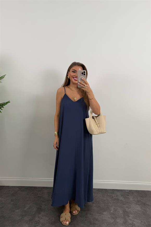 Lüx Kalite %100 Modal Tensel İp Askılı Maxi Salaş Elbise İndigo
