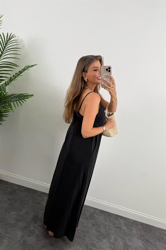 Lüx Kalite %100 Modal Tensel İp Askılı Maxi Salaş Elbise Siyah