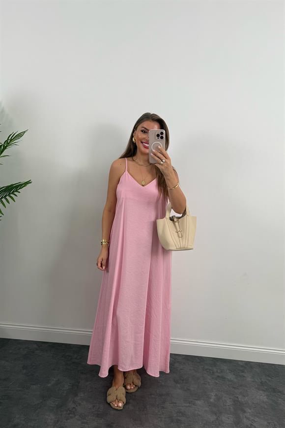 Lüx Kalite %100 Modal Tensel İp Askılı Maxi Salaş Elbise Pembe
