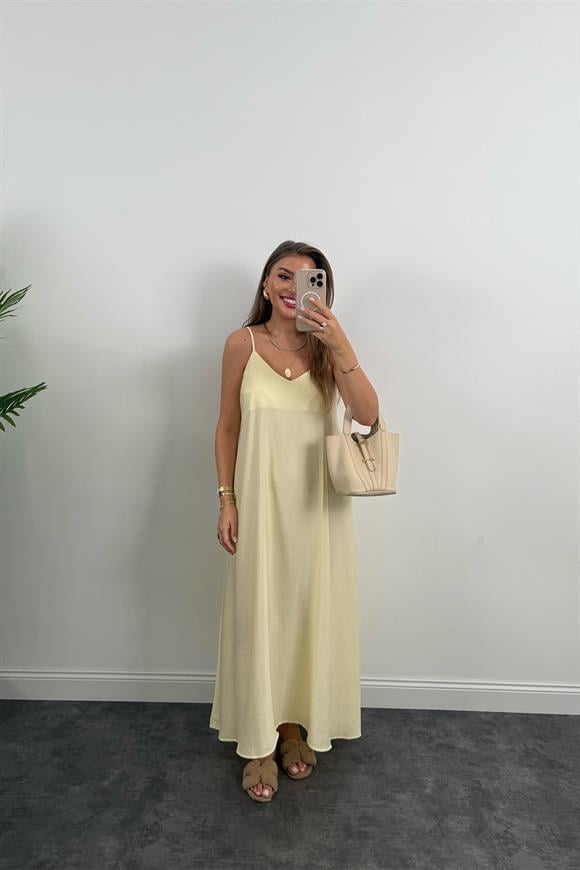 Lüx Kalite %100 Modal Tensel İp Askılı Maxi Salaş Elbise Sarı
