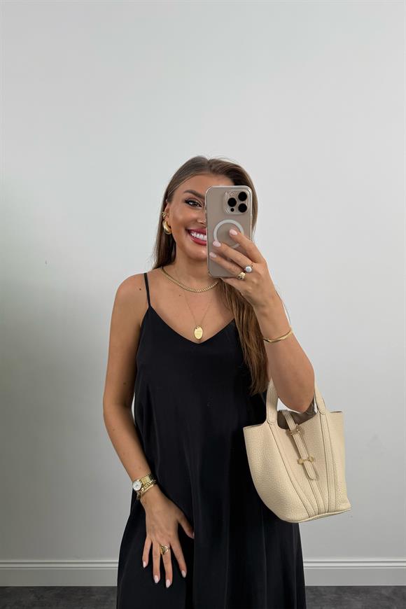 Lüx Kalite %100 Modal Tensel İp Askılı Maxi Salaş Elbise Siyah