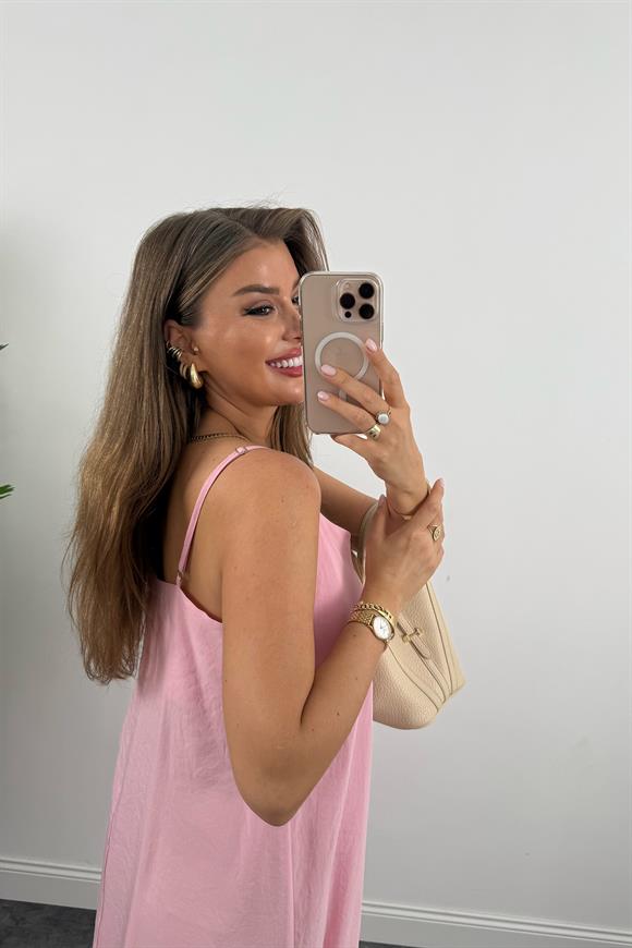 Lüx Kalite %100 Modal Tensel İp Askılı Maxi Salaş Elbise Pembe