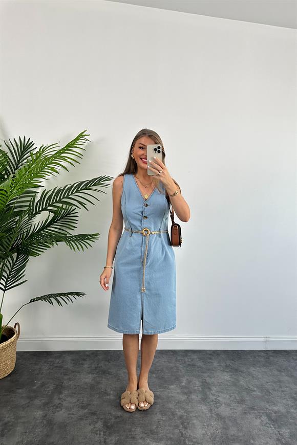 Lüx Kalite %100 Pamuklu Hasır Kemerli Midi Boy Jean Elbise