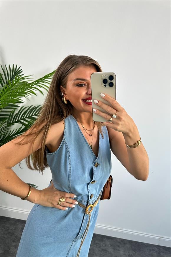 Lüx Kalite %100 Pamuklu Hasır Kemerli Midi Boy Jean Elbise