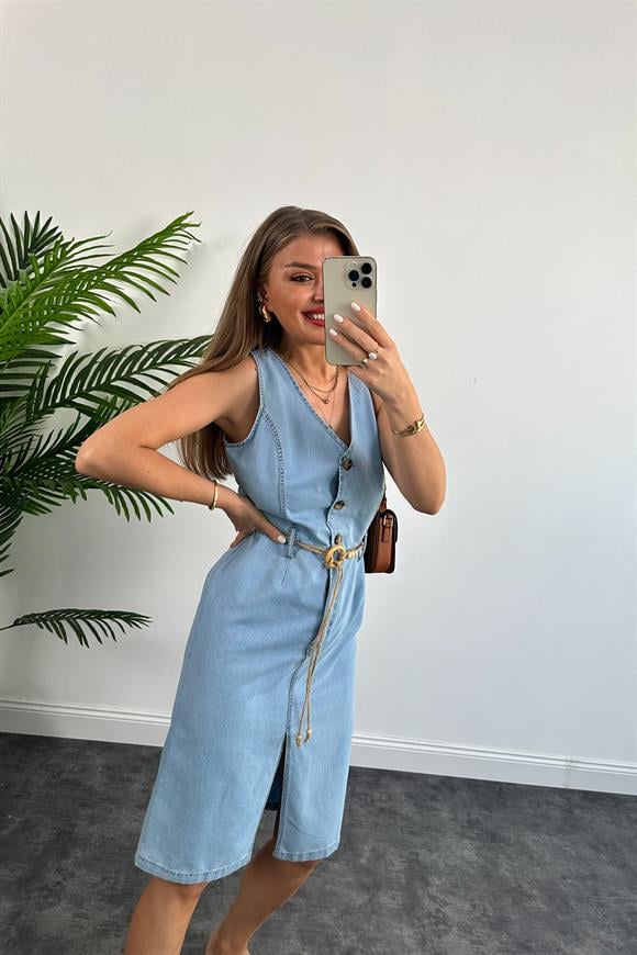 Lüx Kalite %100 Pamuklu Hasır Kemerli Midi Boy Jean Elbise