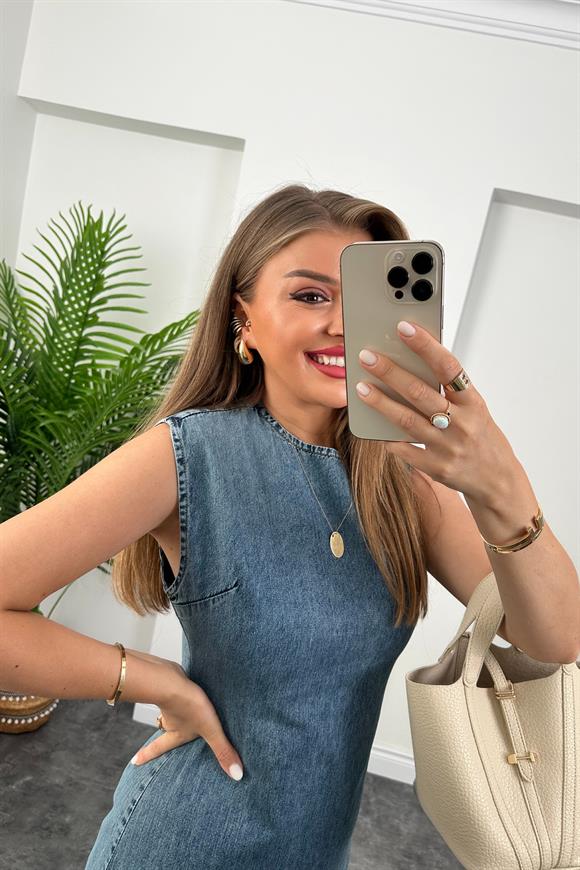 Lüx Kalite %100 Pamuklu Midi Boy Basic Jean Elbise