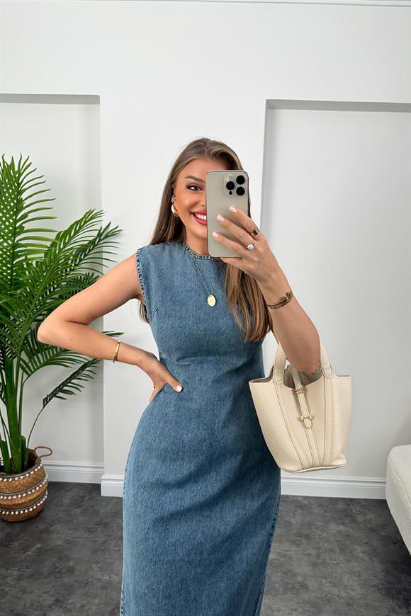 Lüx Kalite %100 Pamuklu Midi Boy Basic Jean Elbise
