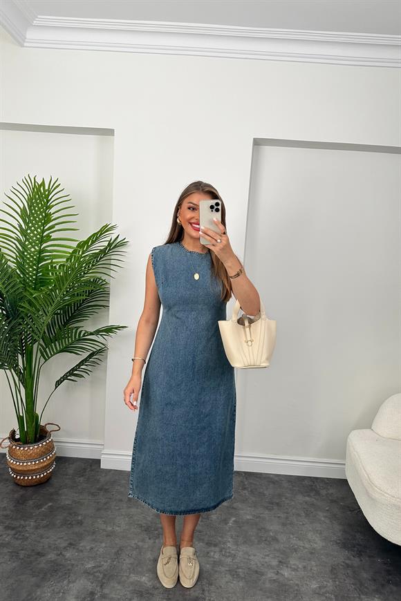 Lüx Kalite %100 Pamuklu Midi Boy Basic Jean Elbise