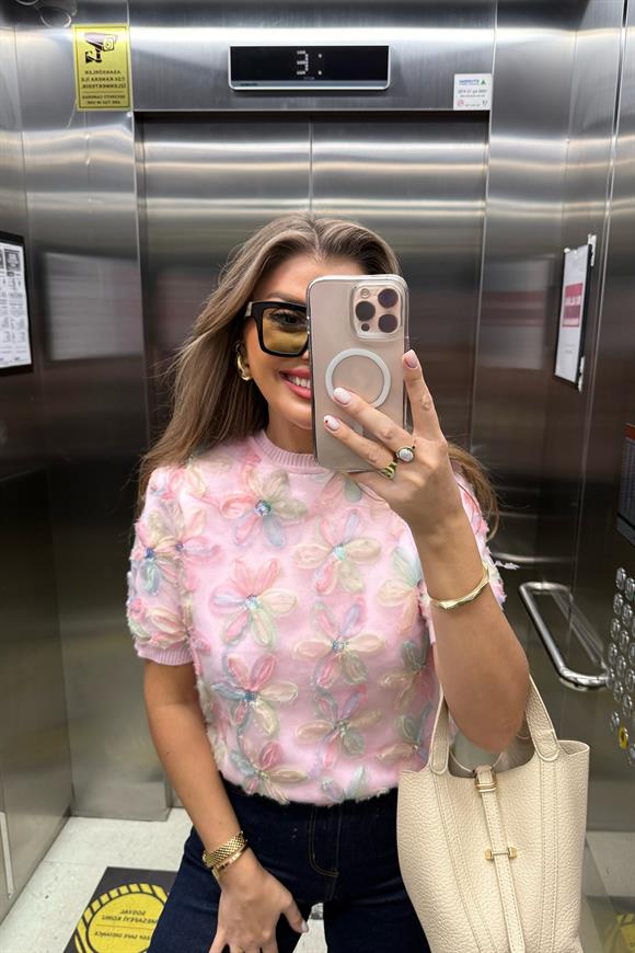 Lüx Kalite 3 Boyutlu Tasarım Flower Triko Pembe