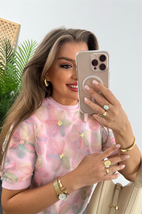 Lüx Kalite 3 Boyutlu Tasarım Flower Triko Pembe