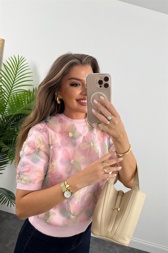 Lüx Kalite 3 Boyutlu Tasarım Flower Triko Pembe