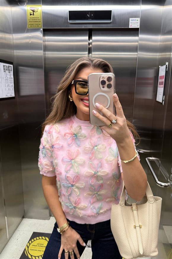 Lüx Kalite 3 Boyutlu Tasarım Flower Triko Pembe
