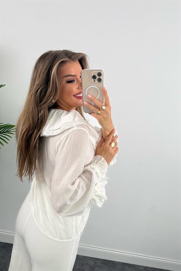 Lüx Kalite Amor Paris Valonlu Tasarım Gömlek Beyaz
