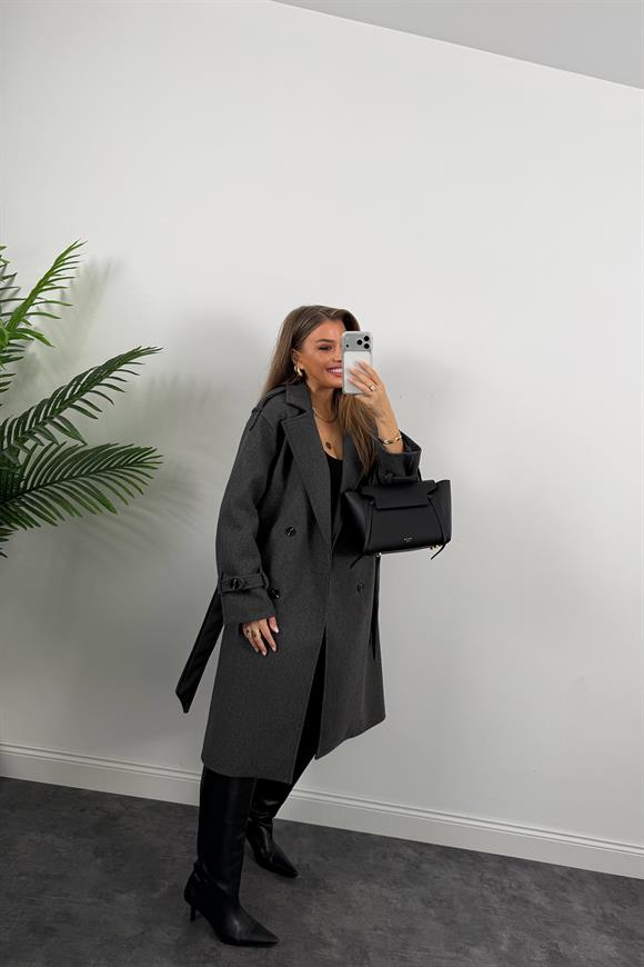 Lüx Kalite Apoletli Kuşaklı Kalın Kaşe Kaban Antrasit