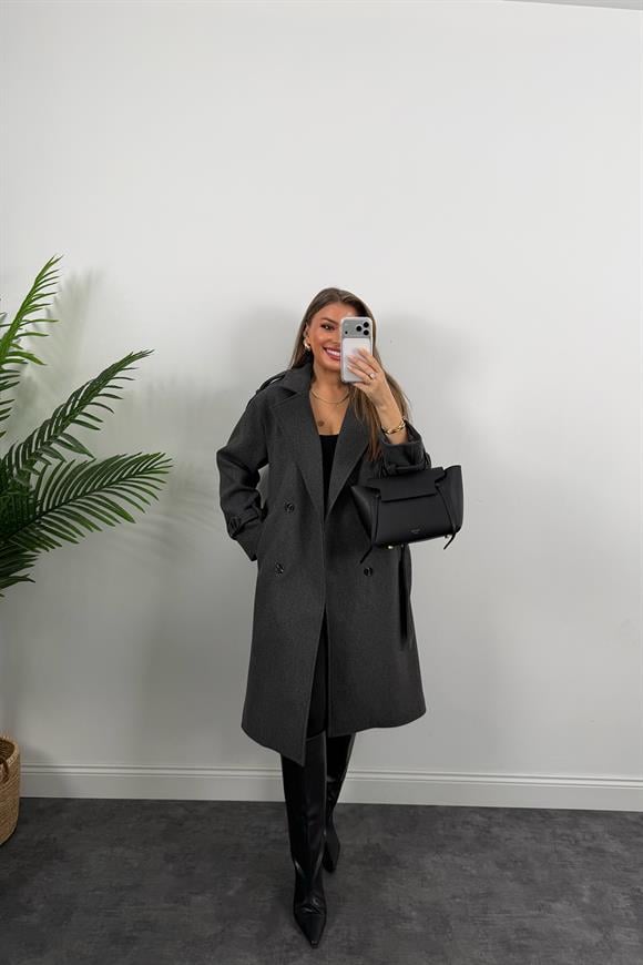 Lüx Kalite Apoletli Kuşaklı Kalın Kaşe Kaban Antrasit