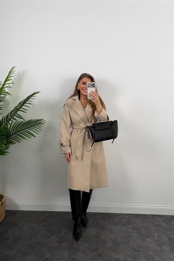 Lüx Kalite Apoletli Kuşaklı Kalın Kaşe Kaban Taş