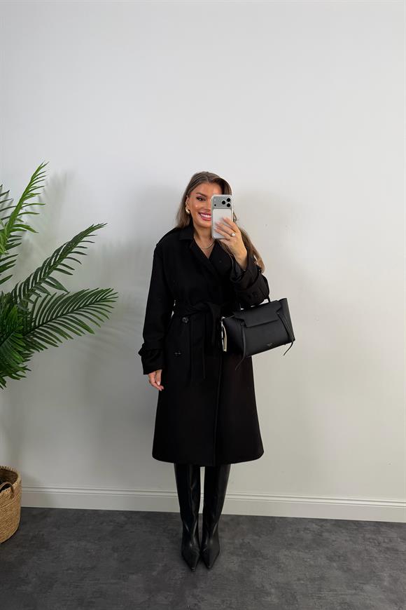 Lüx Kalite Apoletli Kuşaklı Kalın Kaşe Kaban Siyah