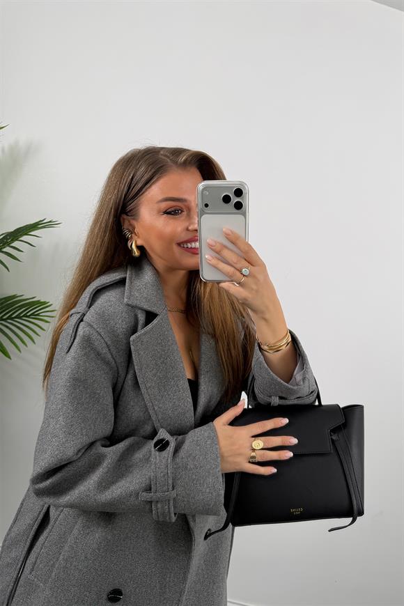 Lüx Kalite Apoletli Kuşaklı Kalın Kaşe Kaban Gri