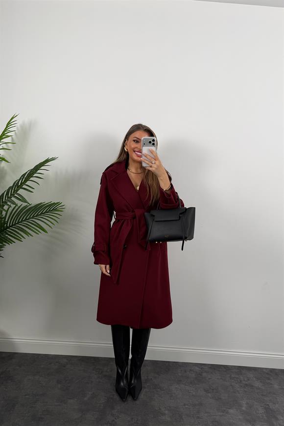Lüx Kalite Apoletli Kuşaklı Kalın Kaşe Kaban Bordo
