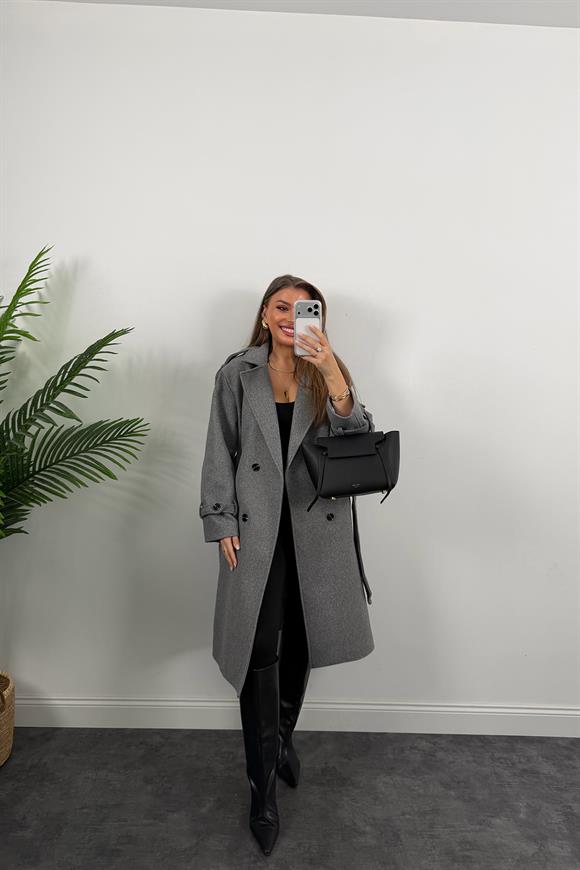 Lüx Kalite Apoletli Kuşaklı Kalın Kaşe Kaban Gri